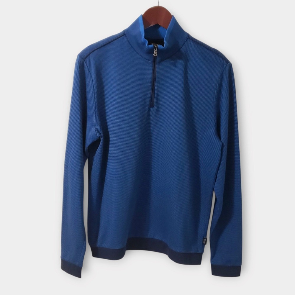 BOSS Hugo Boss Mens Quarter Zip Pullover Top Blue Stripe Regular Fit Size M
